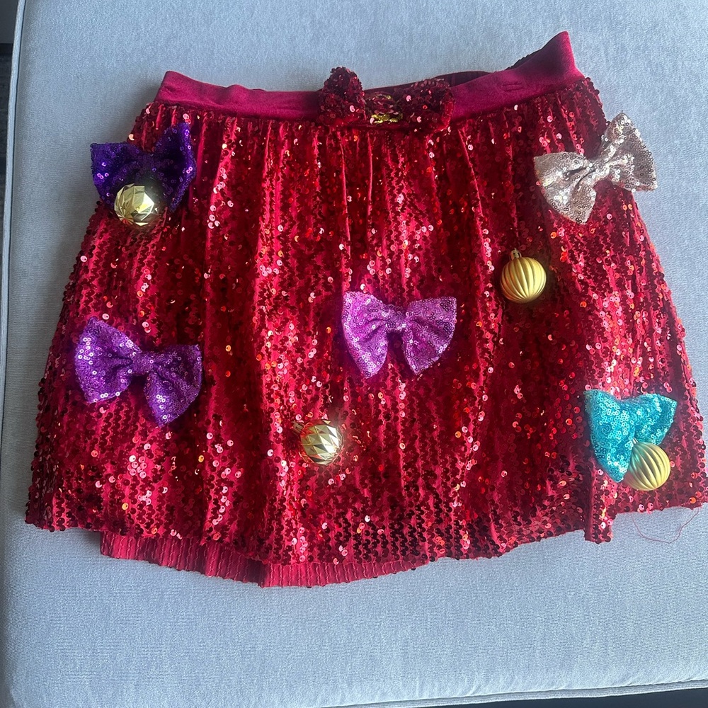 Red Holiday Sequin Skirt with Colorful Bows & Ornaments